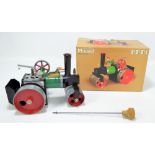 A boxed Mamod Steam Roller SR1a in green and black livery with red detail with steering rod,