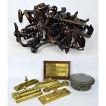 A mixed lot of metalware including seven brass fireside creepers,