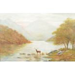 S M CAMPBELL; oil on canvas, a highland scene with a stag and a loch,