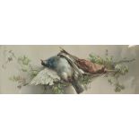 An opposing pair of lithographs depicting hanging dead game birds,