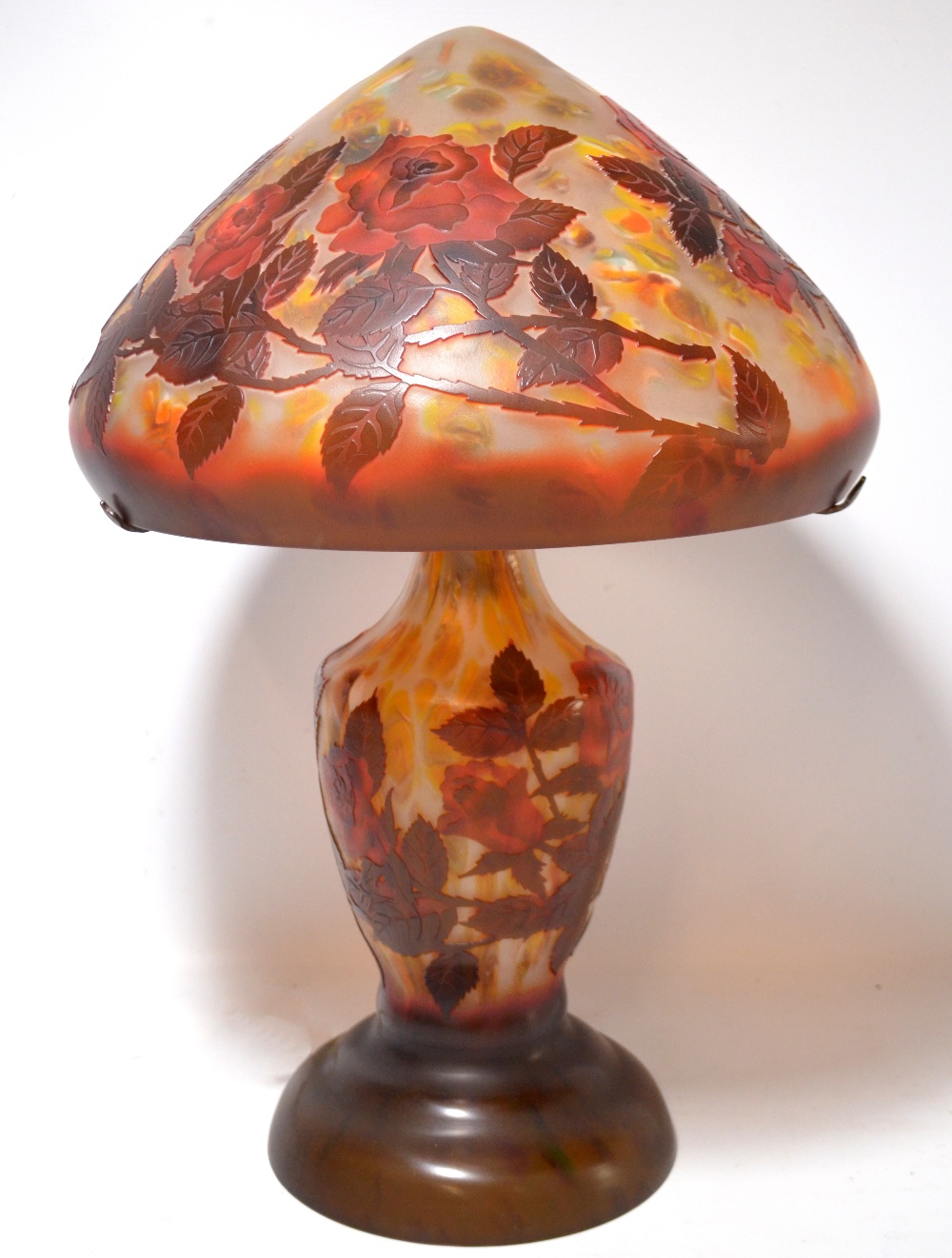 A modern Galle style cameo glass table lamp of conical form with footed baluster base overall