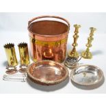 A small group of metalware to include a copper and brass bound coal bucket,