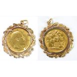 An Edward VII full sovereign, 1905, in 9ct yellow gold oak leaf and acorn mount, approx 12g.