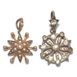 A late Victorian cultured pearl set star shaped pendant, height 3cm including bail,