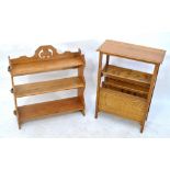 A light oak two division magazine rack, width 51cm, and a set of wall shelves, width 62cm (2).