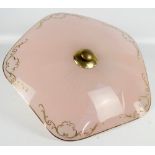 A mid-20th century gilt heightened pink glass light fitting in a rounded pentagonal shape,