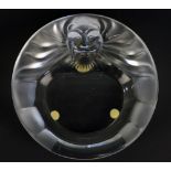 LALIQUE; a clear and frosted glass 'Tete de Lion' circular pin dish/ashtray,