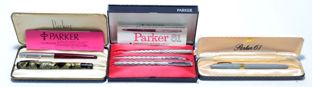 A Parker three piece set comprising a fountain pen, a ball pen and a propelling pencil, cased,