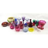 A collection of predominantly cranberry glassware including vases, glasses and bells (29).