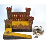 An early 20th century painted wooden fort with a quantity of painted lead standing and mounted toy