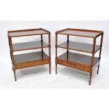 A pair of Edwardian mahogany three tier side tables in the Regency style,