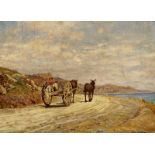 Calame Arthur 1843 - 1919 Genf "Küstenlandschaft mit Pferdekarren". Oel auf Malkarton. Unten
