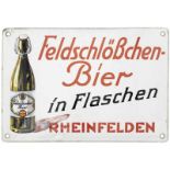 Emailschild "Feldschlösschen" Um 1930. Mehrfarbig emailliertes, bombiertes Email-Werbeschild. Breite