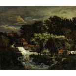 Achenbach Andreas 1815 Kassel - 1910 Düsseldorf zugeschrieben "Häuser am Fluss". Oel auf Leinwand.