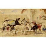 Alberti G. Italienischer Künstler Ende 19.Jh. "Pferde am Stadtbrunnen". Aquarell auf Büttenpapier.