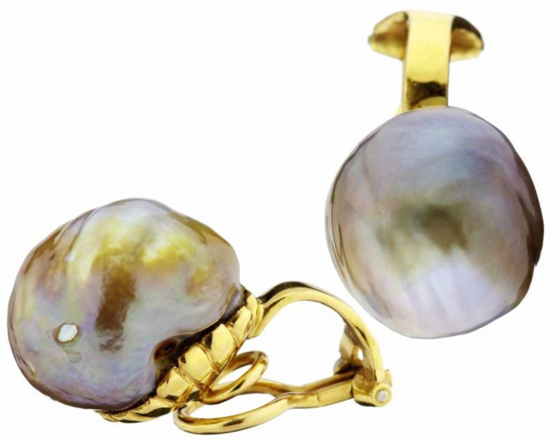 Perlen-Ohrclips Gelbgold 750. 2 graubraune Kulturperlen, barock, D ca. 14 - 16 mm. 12.9 g.