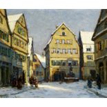 Gönner Rudolf 1872 Neustadt - 1926 München "Belebter Dorfplatz im Winter". Oel auf Malkarton.