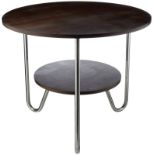Design Beistelltisch Verchromtes Stahlrohr, Tischplatte Holz, braun gebeizt, ergänzt. Höhe 80 cm