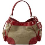 Tasche "Prada" Handtasche, Leder rot/Canvas beige. 2 Seitentaschen und 1 Innenfach, jeweils mit
