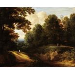 d'Arthois Jacques 1613 - 1665 Brüssel Zugeschrieben "Waldlandschaft mit Spaziergängern". Oel auf