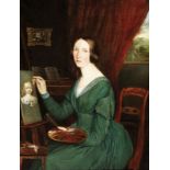Anonym um 1840 "Damenportrait - Selbstbildnis einer Biedermeiermalerin". Oel auf Leinwand.