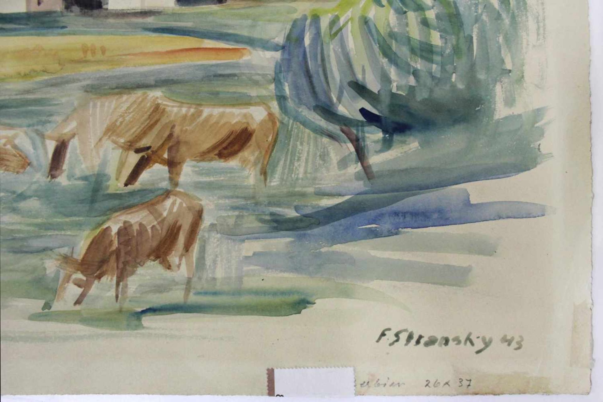 Ferdinand Stransky 1904-1981 Grasende Kühe 1943 Aquarell signiert und datiert 26 x 37 cm - Bild 2 aus 2