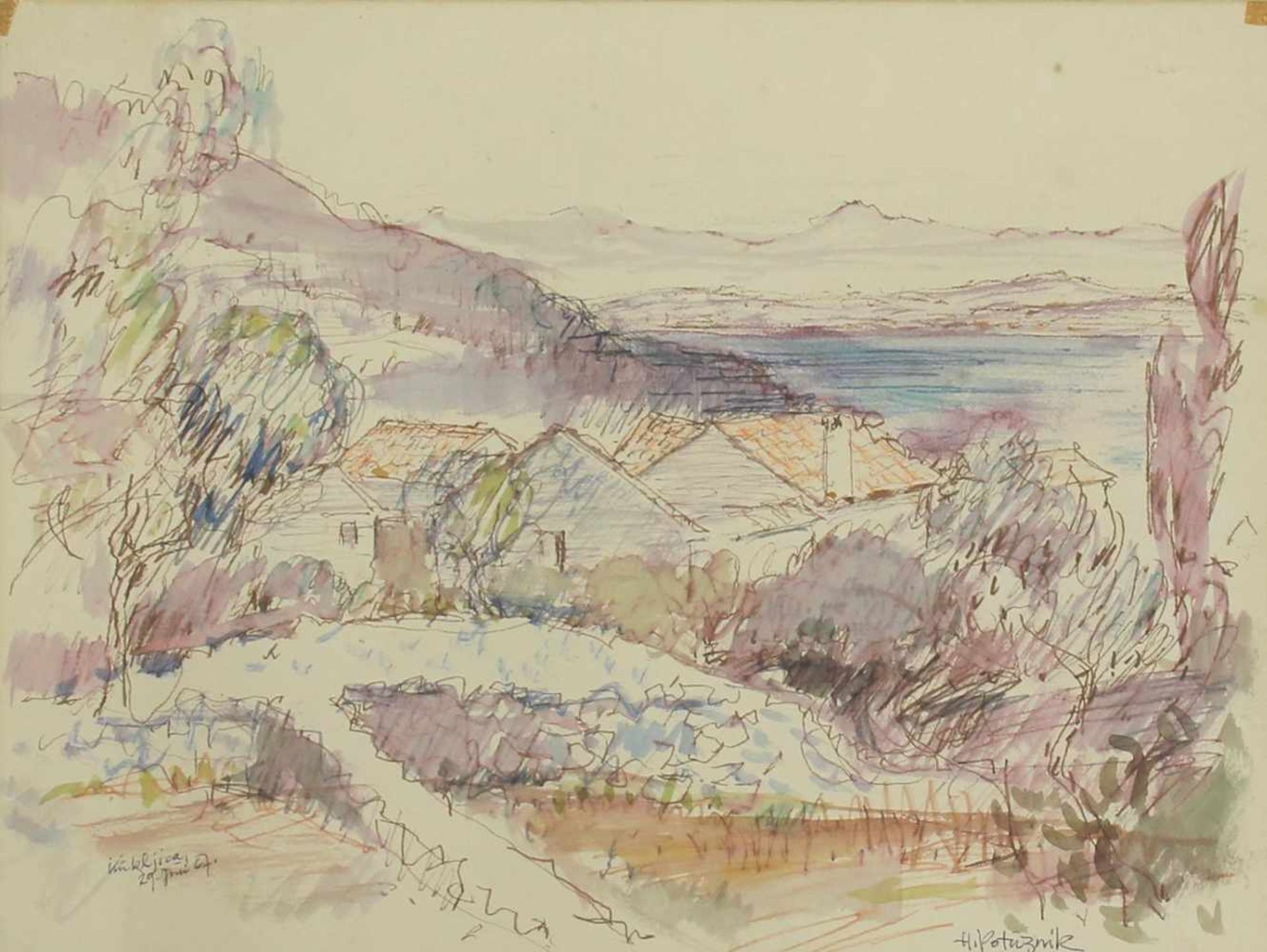 Heribert Potuznik 1910-1984 Landschaft in Jugoslavien 1967 Mischtechnik auf Papier signiert,