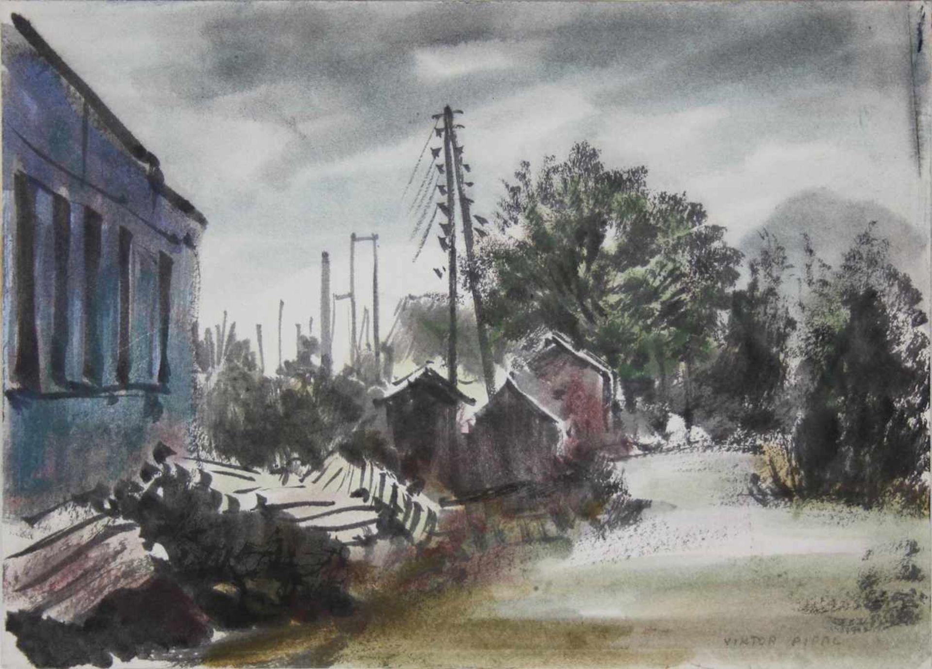 Viktor Pipal 1887-1971 Motiv an der Bahn Aquarell und Kohle signiert vorne, betitelt verso 17 x 24,5