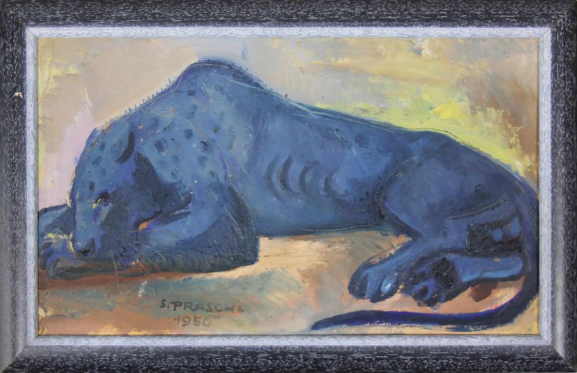 Stefan Praschl 1910-1994 Panther 1950 Öl auf Karton signiert und datiert 30 x 51 cm - Bild 2 aus 3