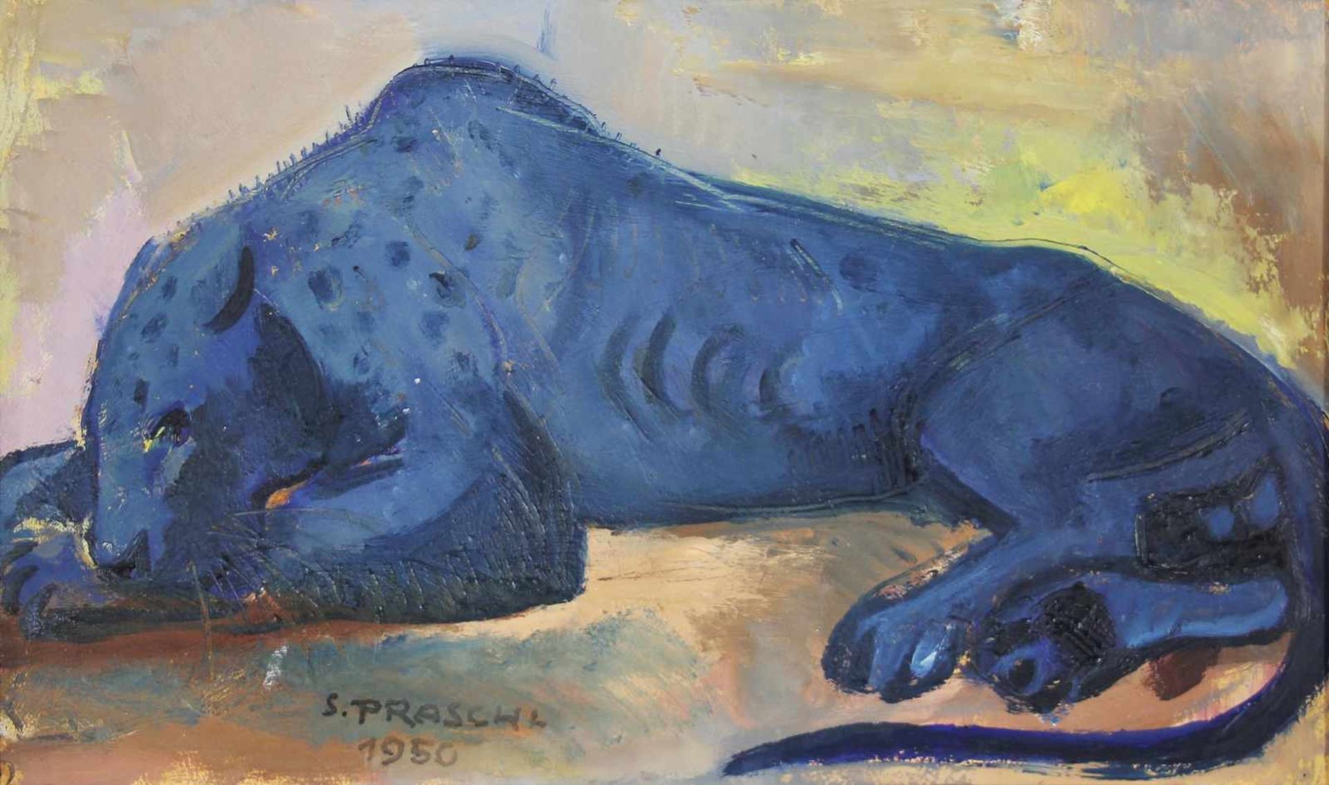 Stefan Praschl 1910-1994 Panther 1950 Öl auf Karton signiert und datiert 30 x 51 cm