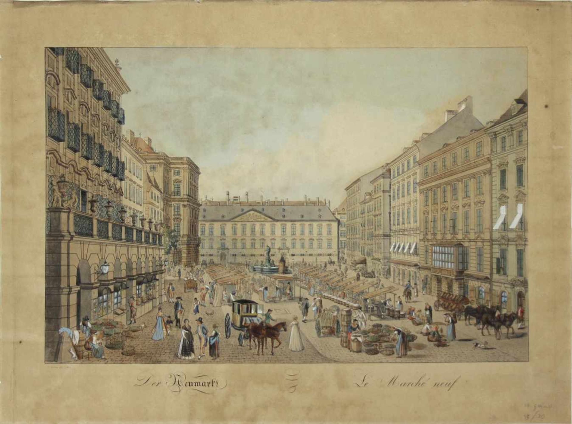 Carl Schütz 1745-1800 Der Naschmarkt um 1900 (gezeichnet 1798) Umrißradierung, altkol. nummeriert