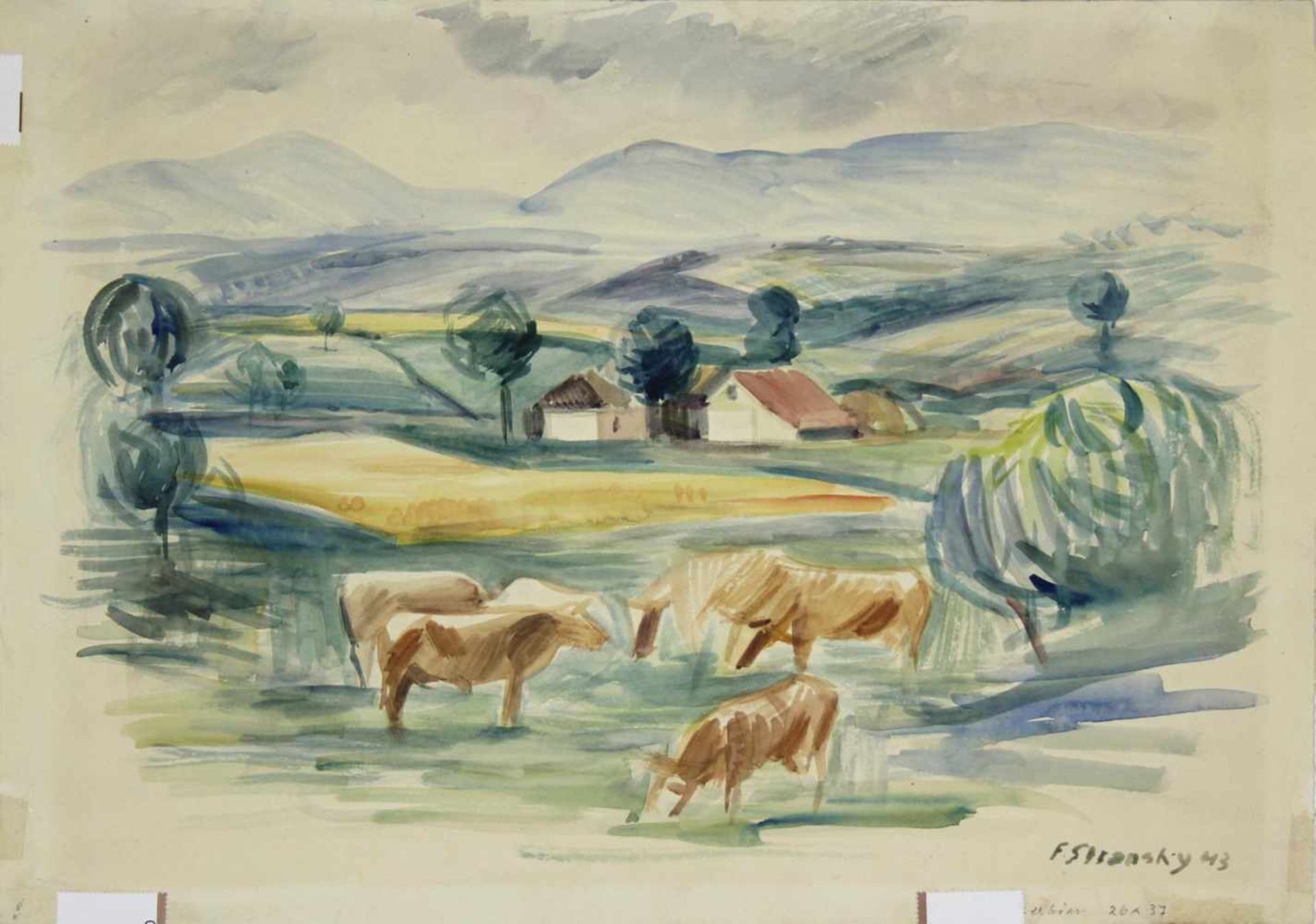 Ferdinand Stransky 1904-1981 Grasende Kühe 1943 Aquarell signiert und datiert 26 x 37 cm