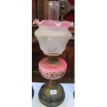 Painted oil lamp etched cranberry shade