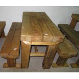 Chunky wood table and two benches