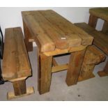 Chunky wood table and two benches