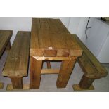 Chunky wood table and two benches