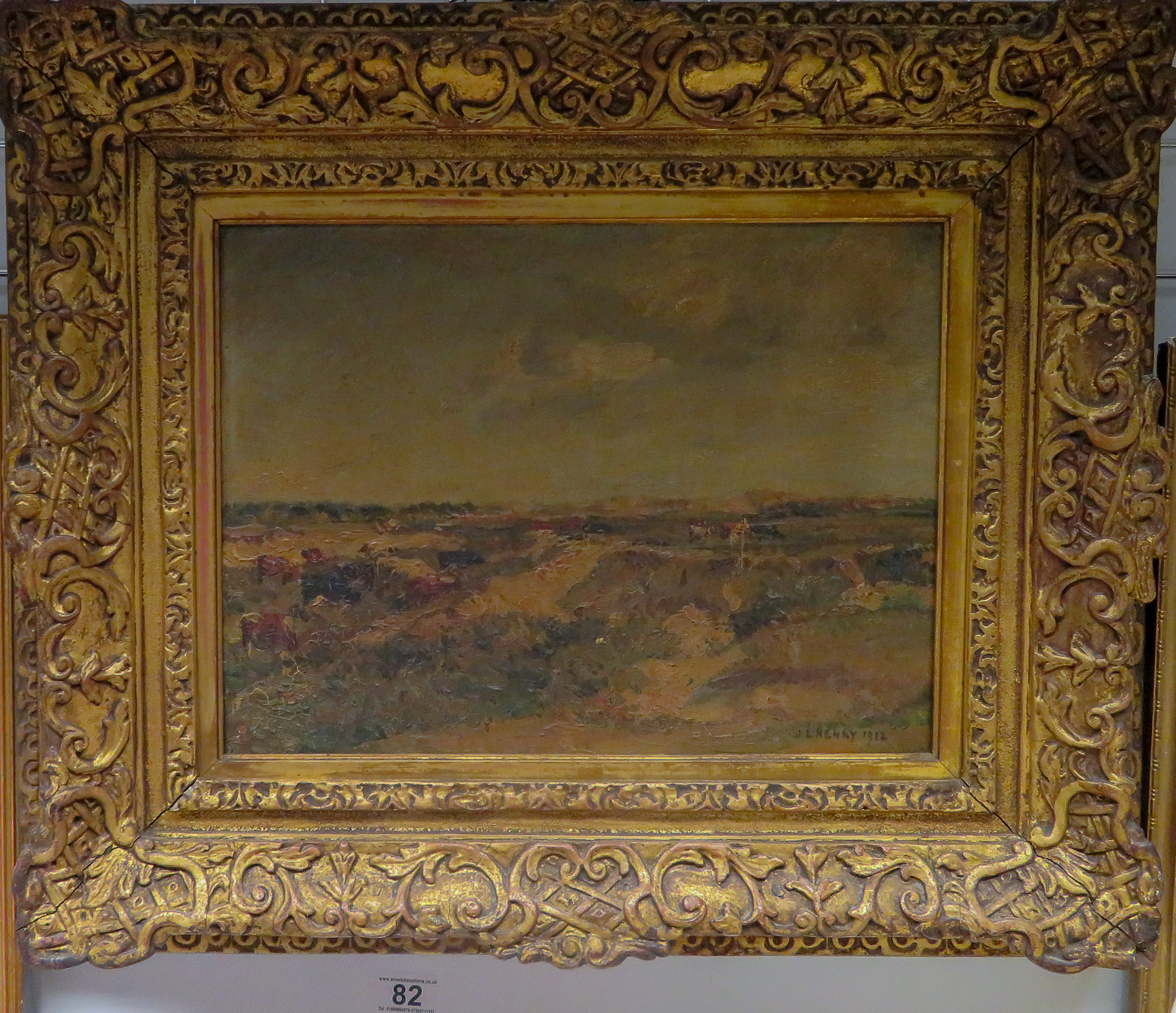 11" x 15" oil on canvas, heavy gilt frame, J L Henry, some damage