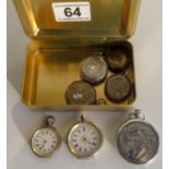 7 pocket watches, 4 silver in tin box