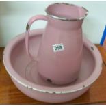 Pink enamel jug and bowl