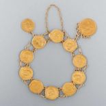 Pulsera en oro amarillo de 18 K compuesta por doce monedas de 18 K de la República Peruana de 1/5