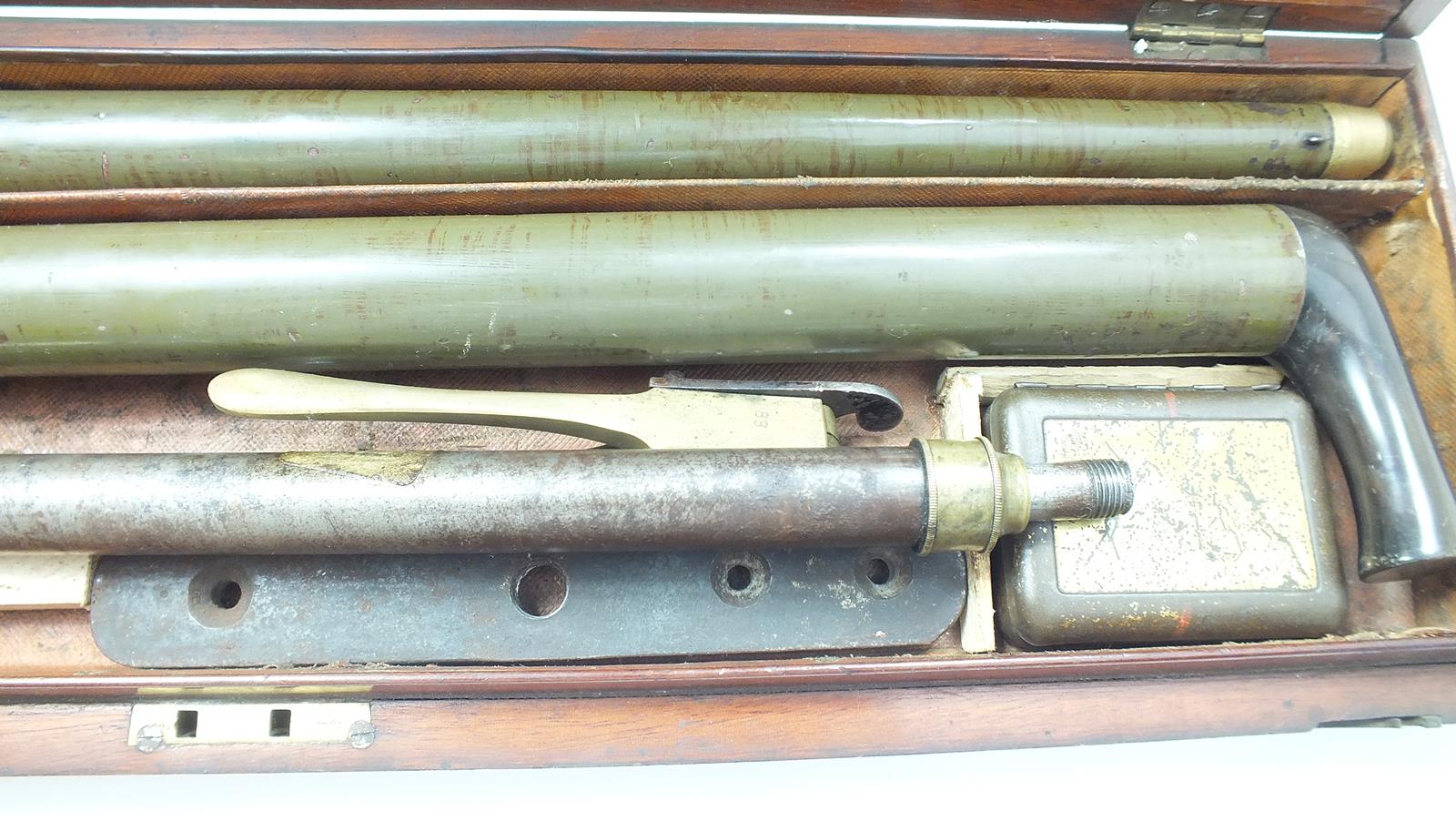 A cased 88-bore walking stick air cane by Reilly, the green painted body with horn handle, rifled - Image 3 of 8