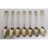 Six Old English pattern silver table spoons, with threaded edge and engraved with crest, (two by