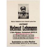 War Propaganda WWII Nazi poster Missing Poster for Lieutenant Helmut Lehmann