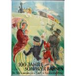 Travel Poster 100 Years Switzerland Steam Train Railway