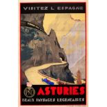 Travel Poster Visit Spain Asturias Art Deco Cars