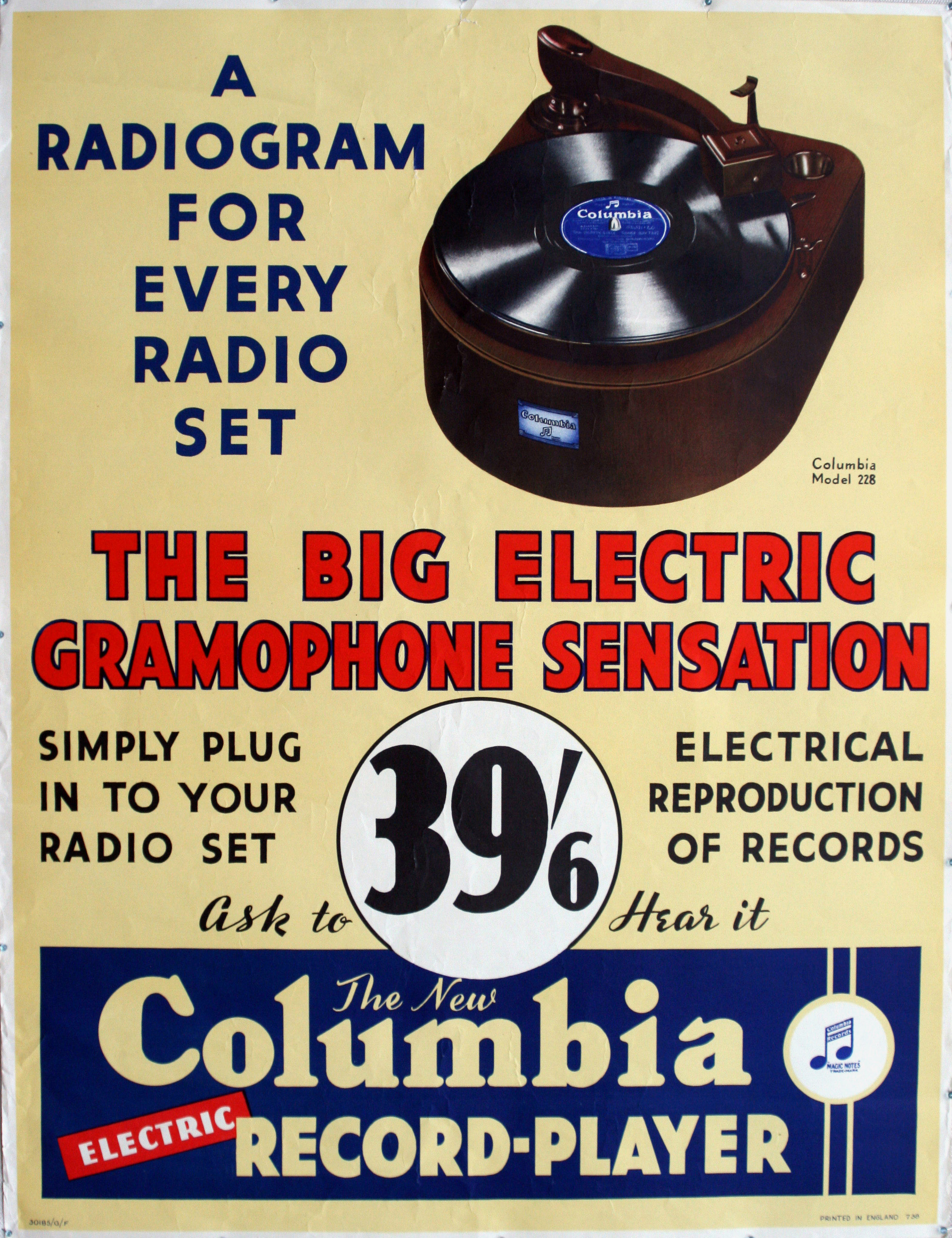 Advertising Poster Columbia Electric Record Player Model 228