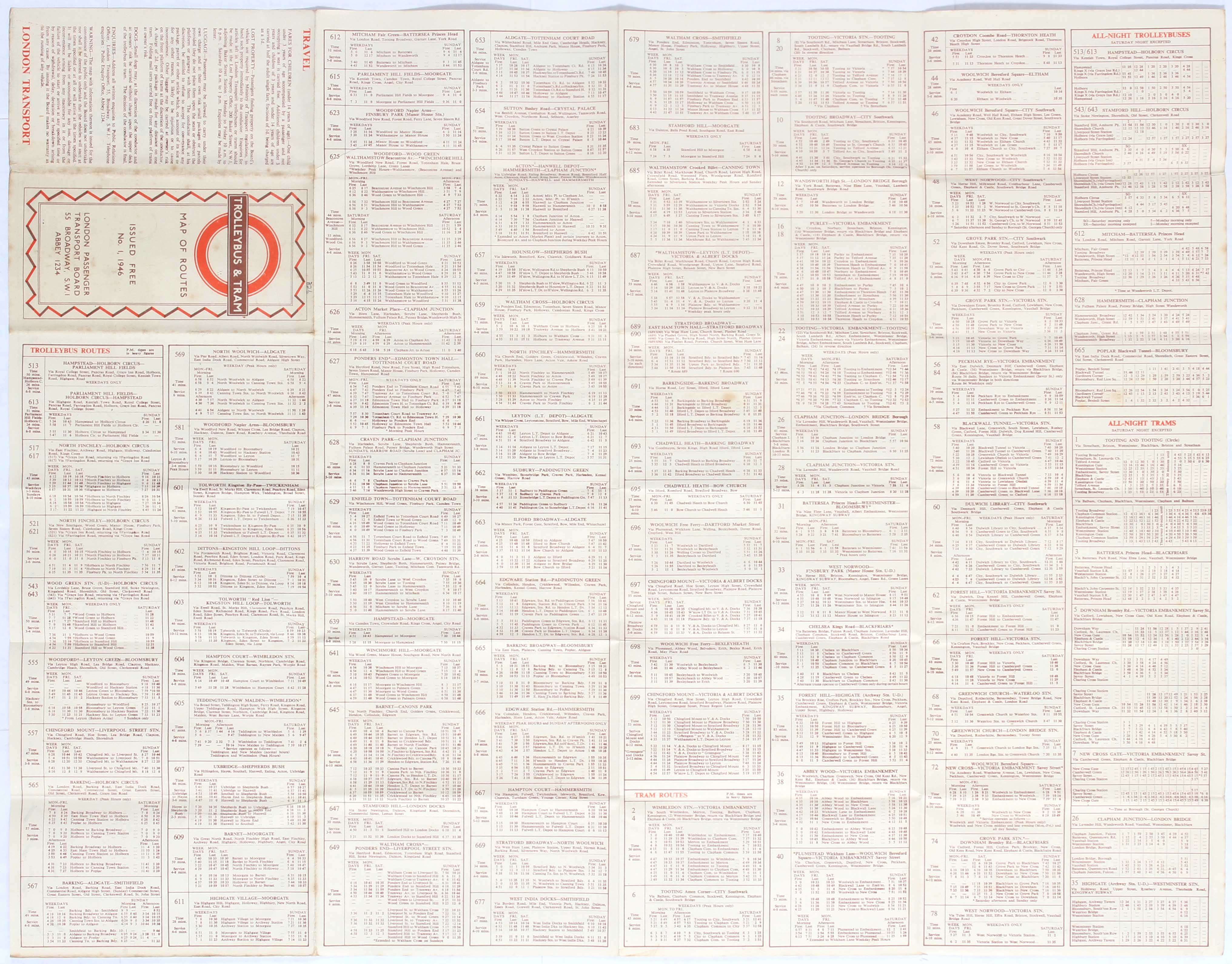 London Trolleybus & Tram Map Of Routes No1 1946 Elston - Image 2 of 2