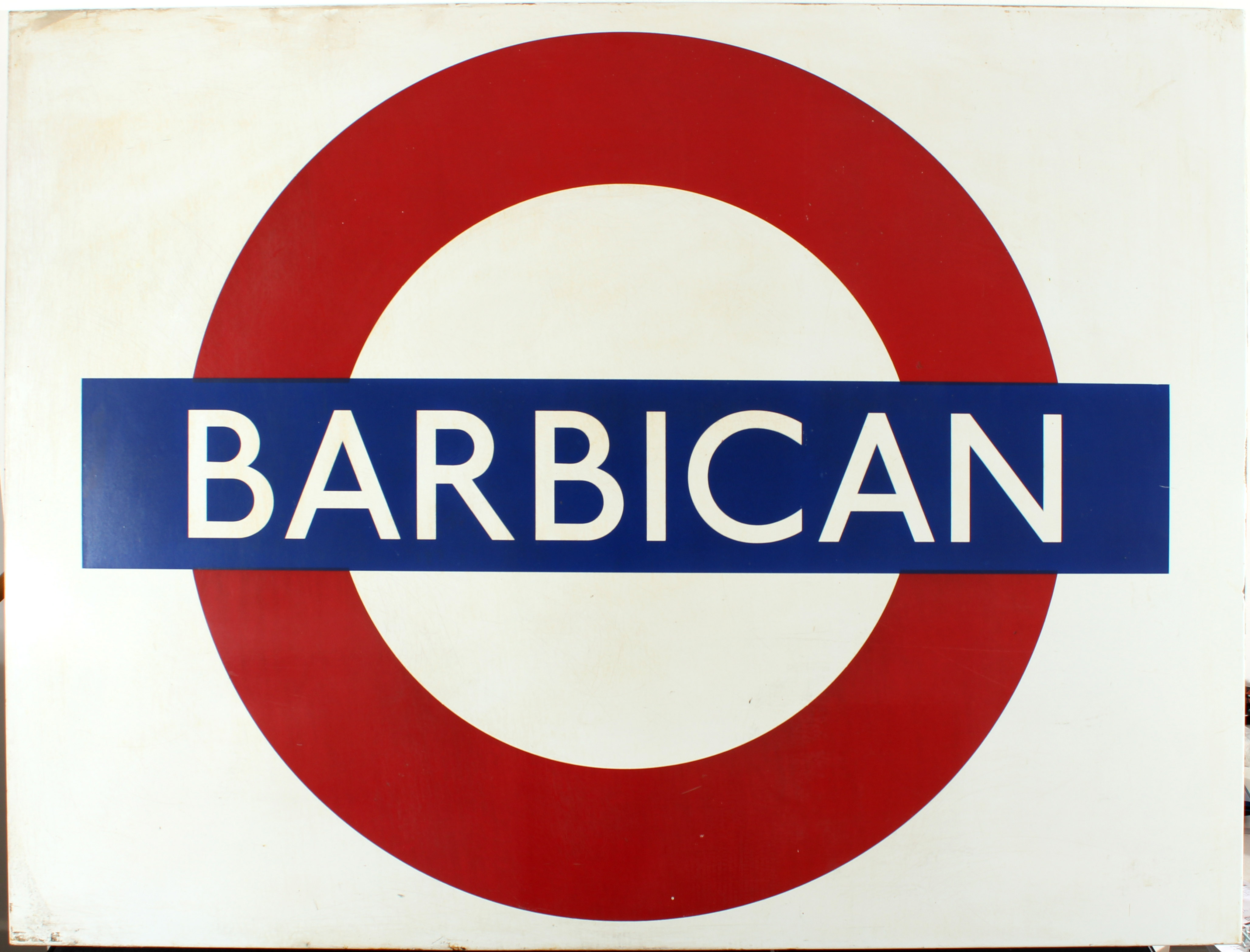 London Underground Barbican enamel station sign. Features London Underground  logo with stylised l