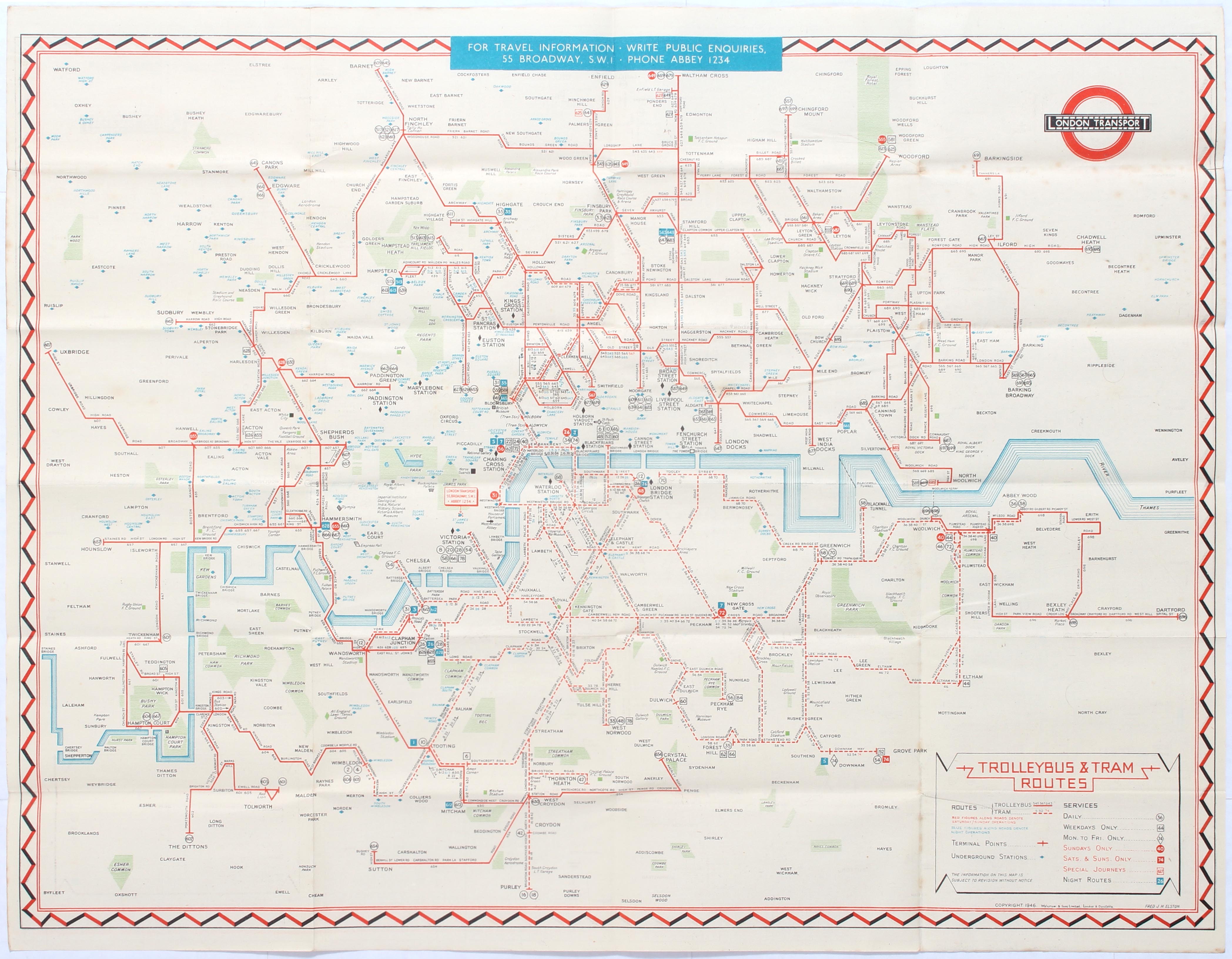 London Trolleybus & Tram Map Of Routes No1 1946 Elston