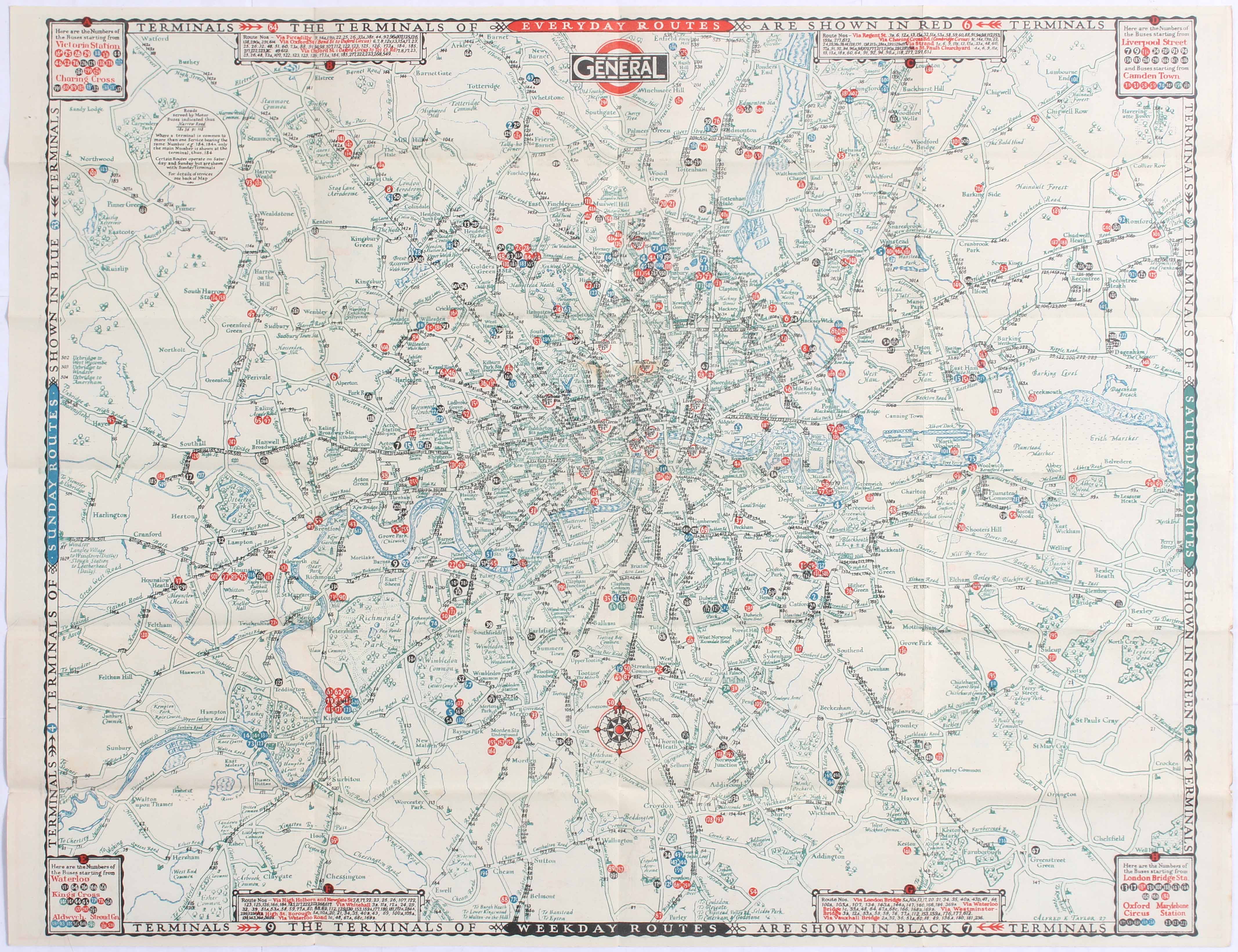 London Map of The General Omnibus Routes No4 1929